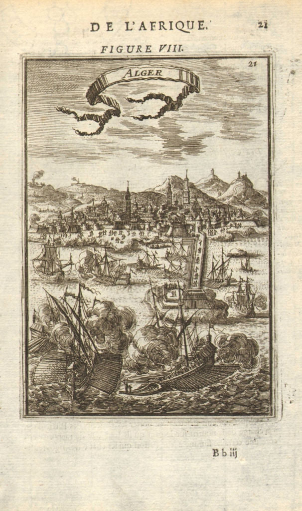 ALGERIA. View of the town & port of Algiers (Alger). Galleys. MALLET 1683